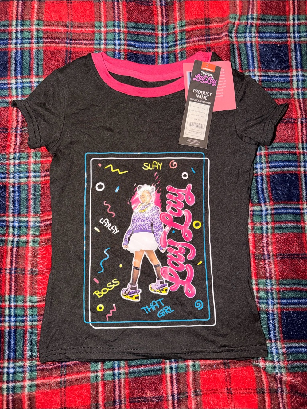 Lay Lay Black Graphic Kids Tee with Pink Trim Xs 4/5